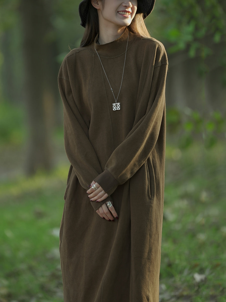 女士秋季休閒純色立領棉質連身裙
