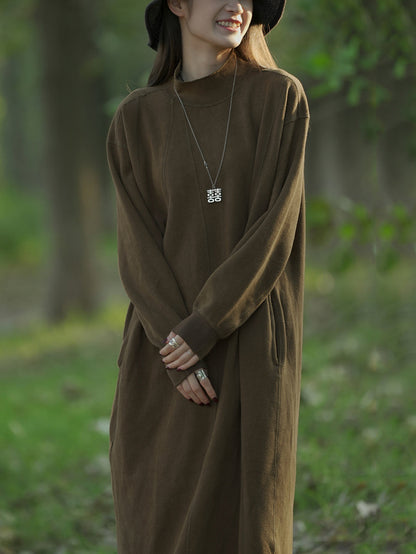 女士秋季休閒純色立領棉質連身裙