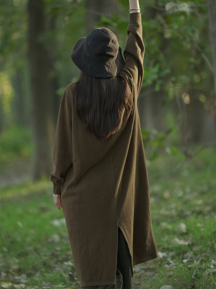 女士秋季休閒純色立領棉質連身裙