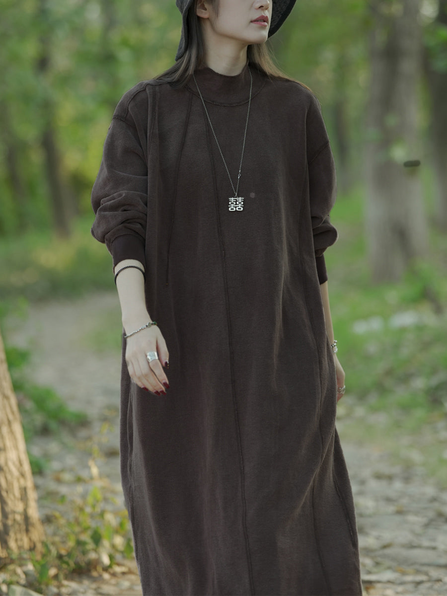 女士秋季休閒純色立領棉質連身裙