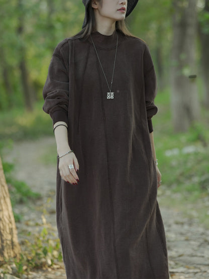 女士秋季休閒純色立領棉質連身裙