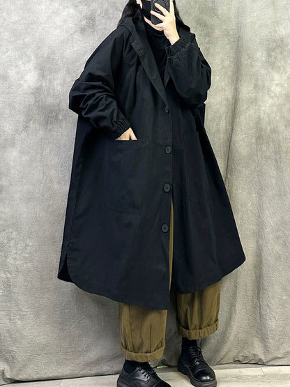 女款秋季純色長版棉質連帽外套