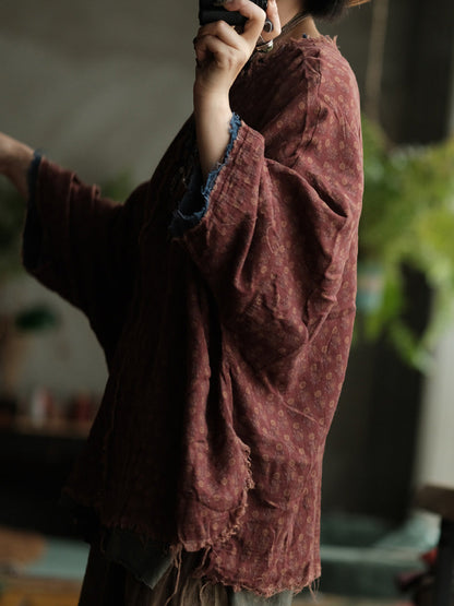 女款秋季復古印花圓領毛邊棉質襯衫