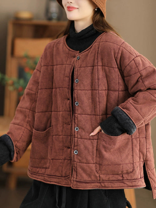 女款秋季復古純色圓領棉服夾克
