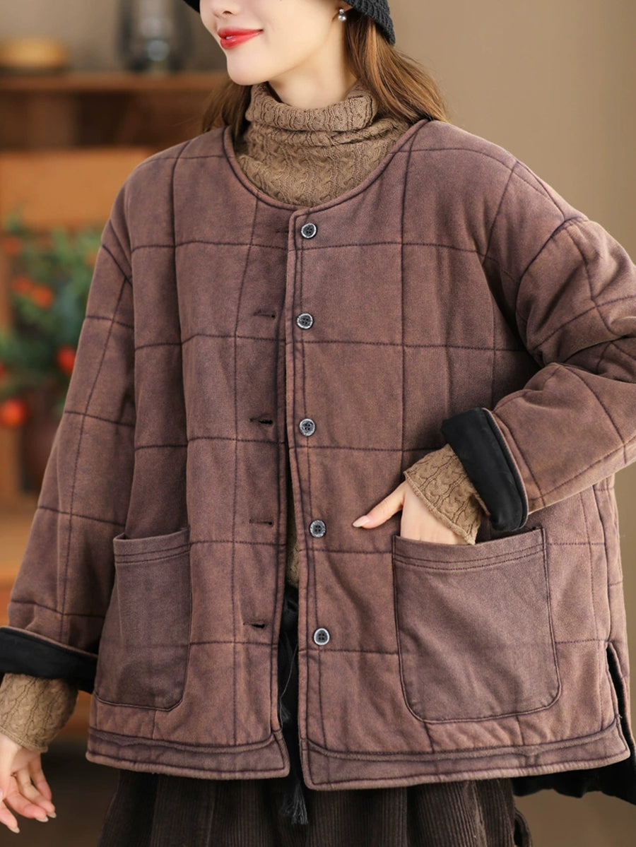 女款秋季復古純色圓領棉服夾克