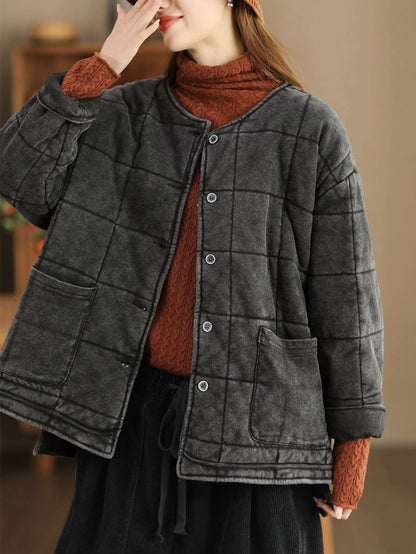 女款秋季復古純色圓領棉服夾克
