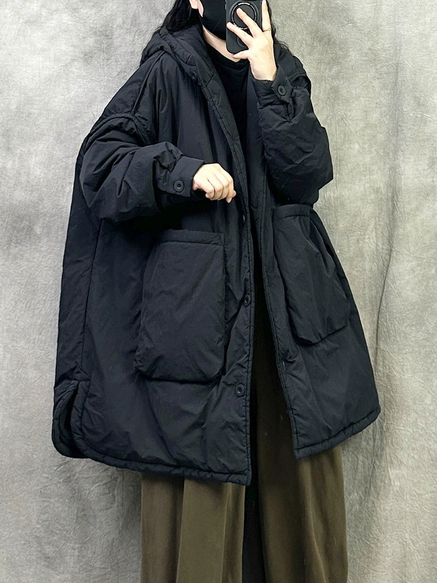 女士冬季休閒純色連帽棉衣大衣