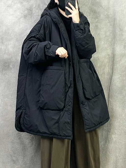女士冬季休閒純色連帽棉衣大衣