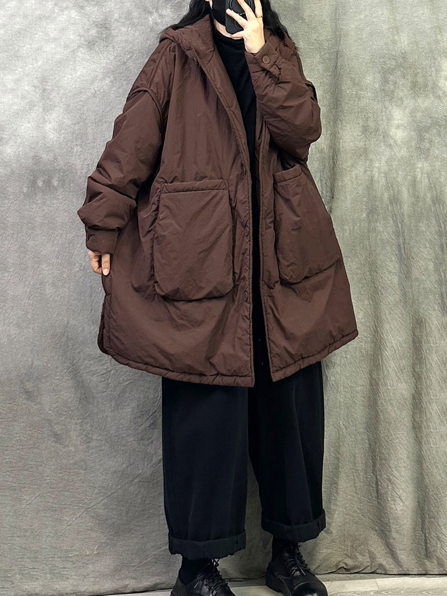 女士冬季休閒純色連帽棉衣大衣