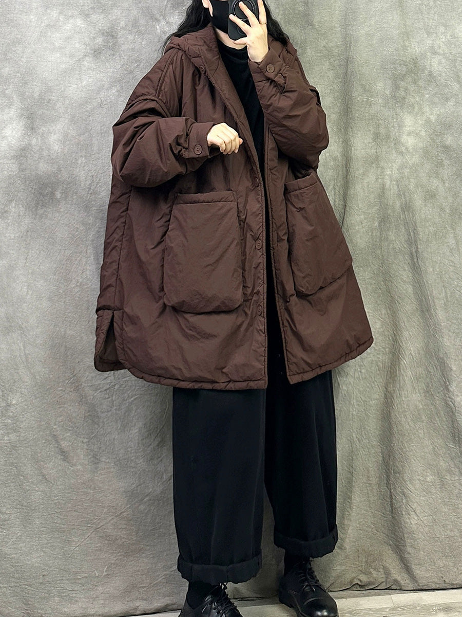 女士冬季休閒純色連帽棉衣大衣