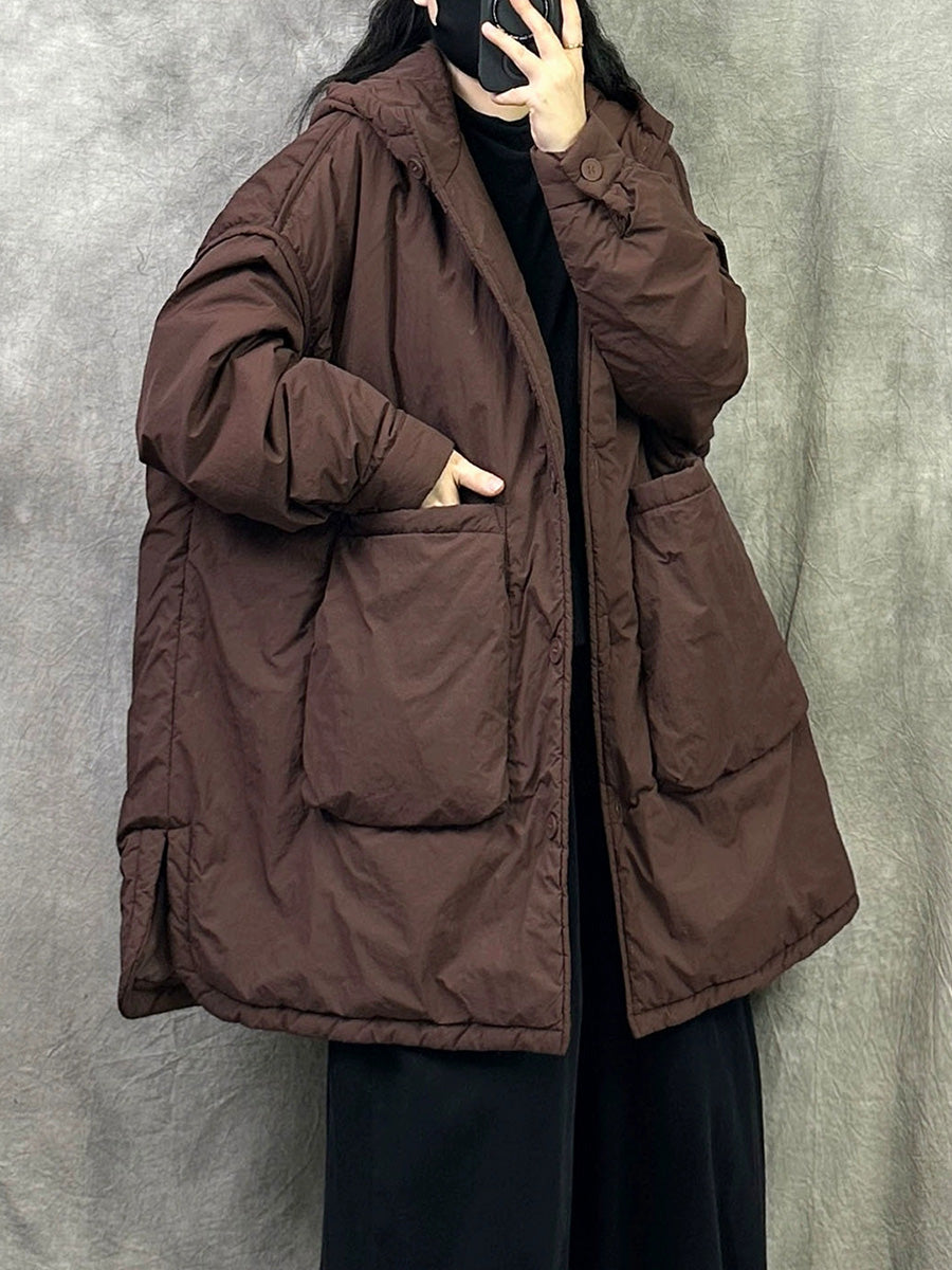 女士冬季休閒純色連帽棉衣大衣