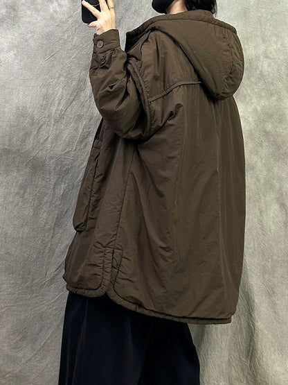 女士冬季休閒純色連帽棉衣大衣