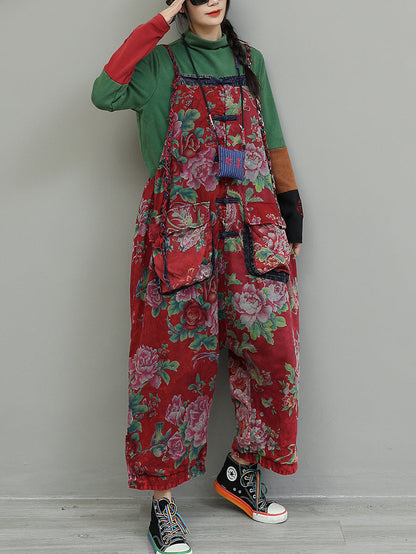 女士復古花朵棉質寬鬆連身褲