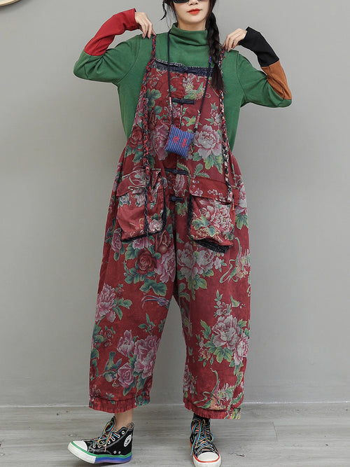 女士復古花朵棉質寬鬆連身褲