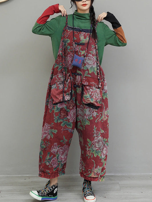 女士復古花朵棉質寬鬆連身褲