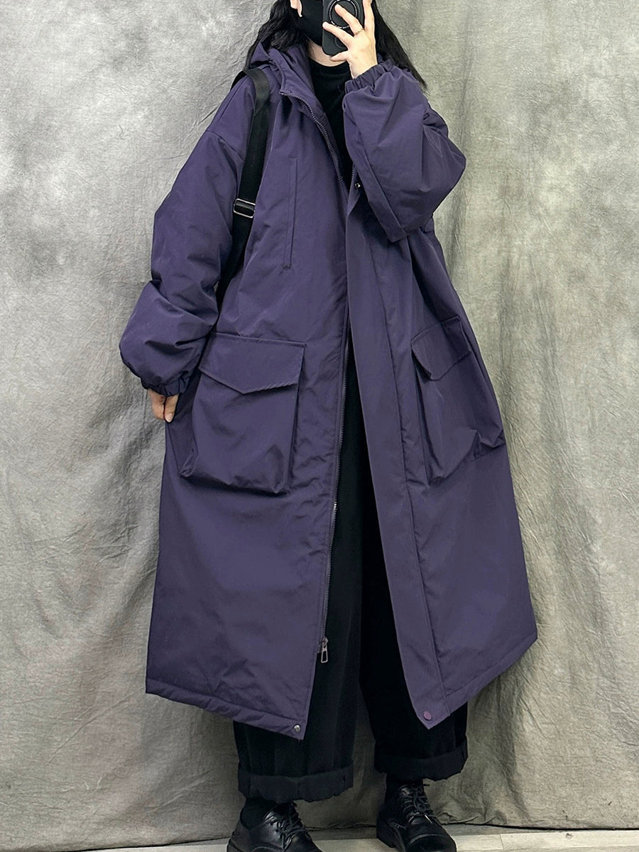 女士冬季休閒純色連帽棉衣大衣