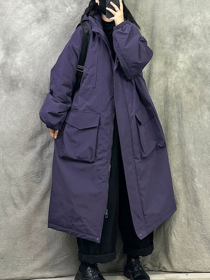 女士冬季休閒純色連帽棉衣大衣