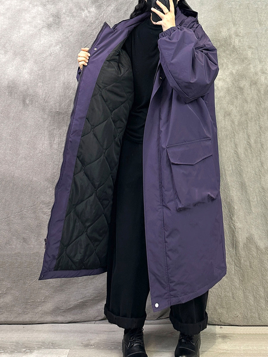 女士冬季休閒純色連帽棉衣大衣