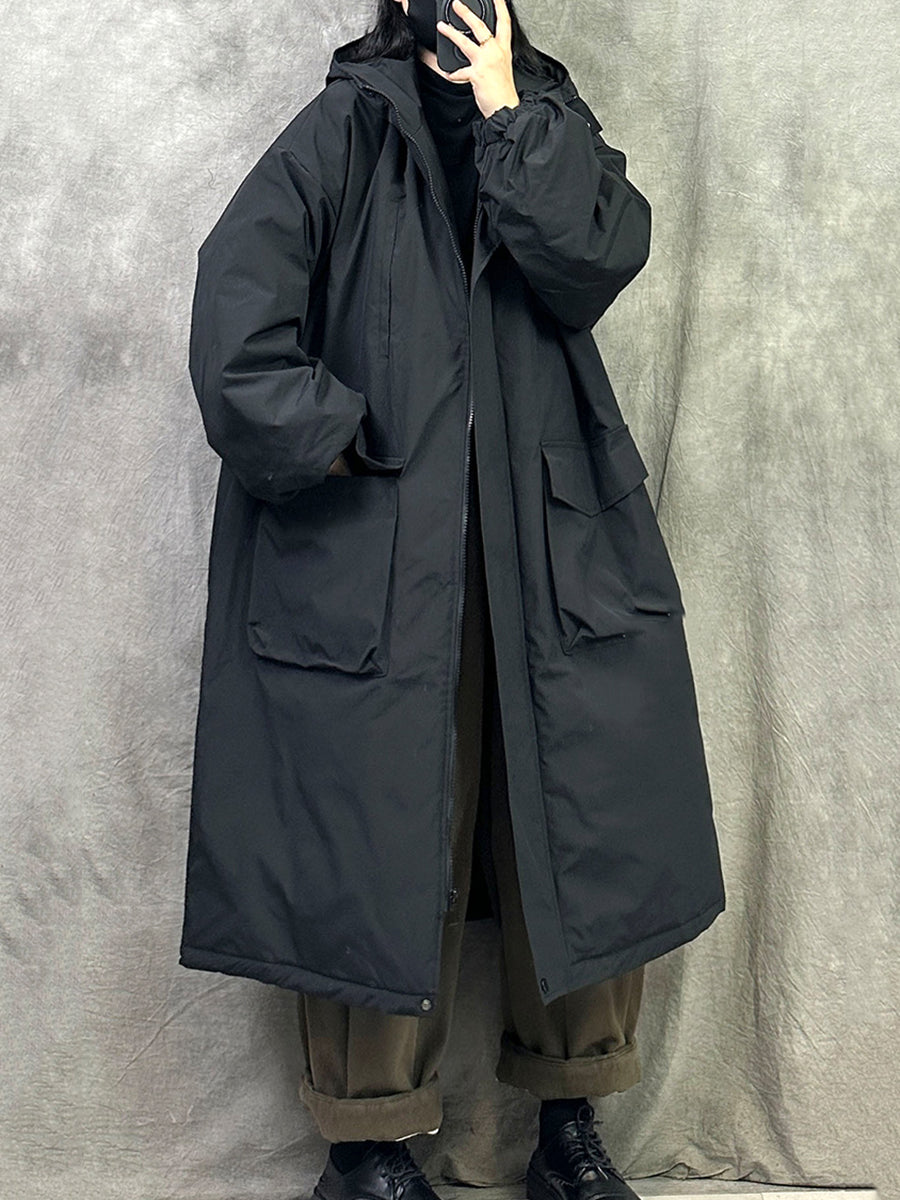 女士冬季休閒純色連帽棉衣大衣