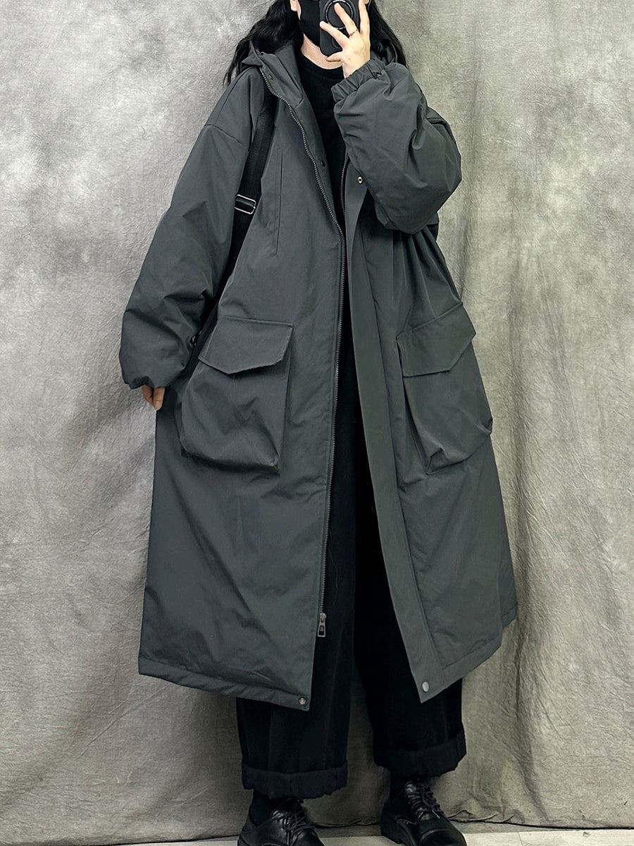 女士冬季休閒純色連帽棉衣大衣