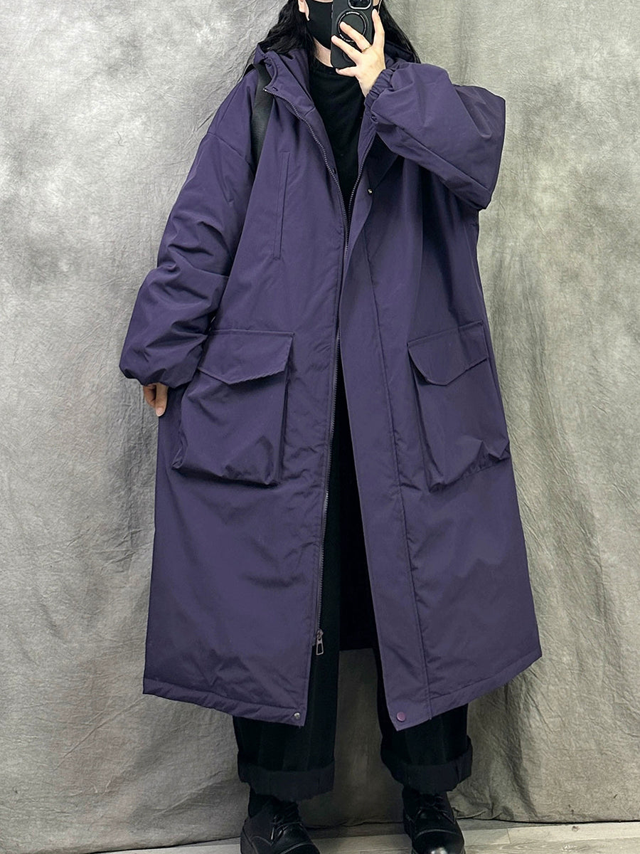 女士冬季休閒純色連帽棉衣大衣