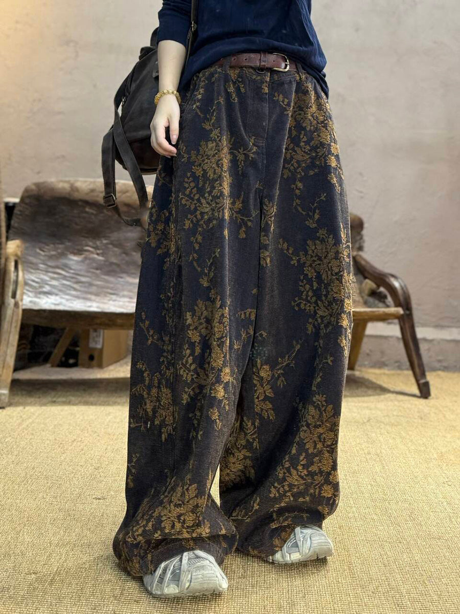 女款秋季復古花朵純棉寬褲