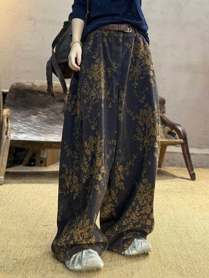 女款秋季復古花朵純棉寬褲