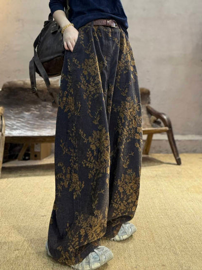 女款秋季復古花朵純棉寬褲