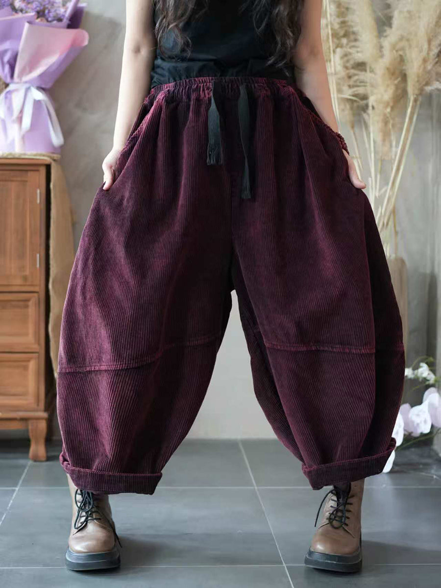 女士秋季純色拼接燈芯絨哈倫褲