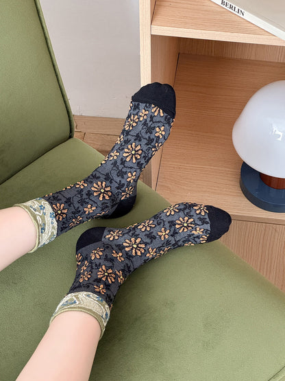5雙女士復古花卉提花棉襪