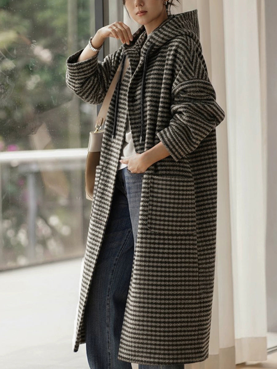 女士復古冬季條紋連帽外套