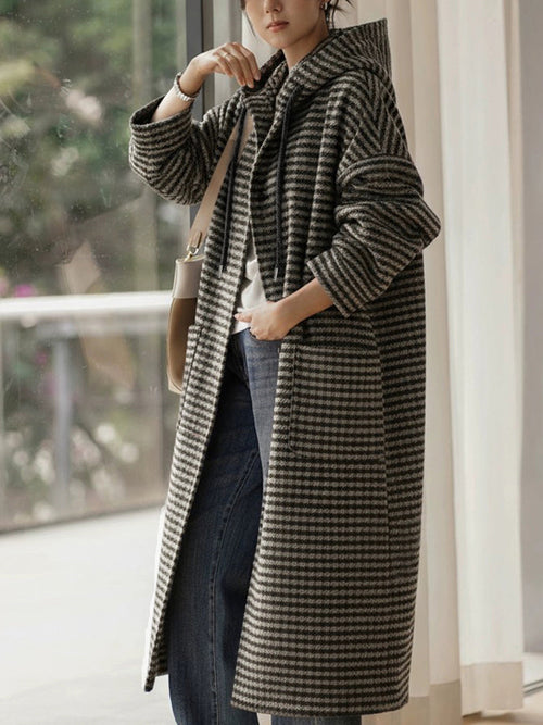 女士復古冬季條紋連帽外套