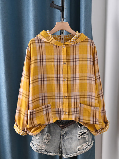 女士休閒春季格紋100%純棉連帽襯衫