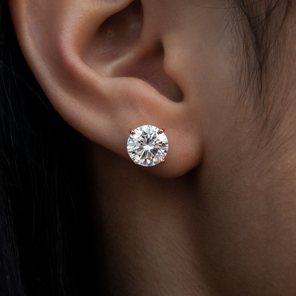 8MM Round Cut Moissanite Diamond Stud Earrings in Rose Gold Vermeil