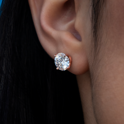 8MM Round Cut Moissanite Diamond Stud Earrings in Rose Gold Vermeil