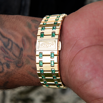 39MM Visionary Iced Emerald Stone Band Watch - Yellow Gold