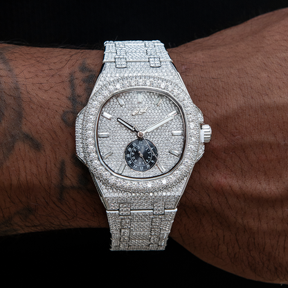 39MM Visionary Moissanite Fully Iced Case & Steel Band Watch - White Gold