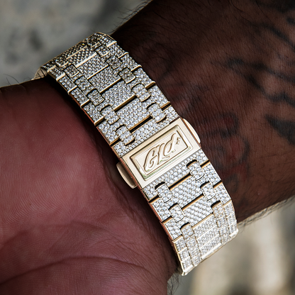 39MM Visionary Fully Iced Case & Black Dial Watch - Yellow Gold