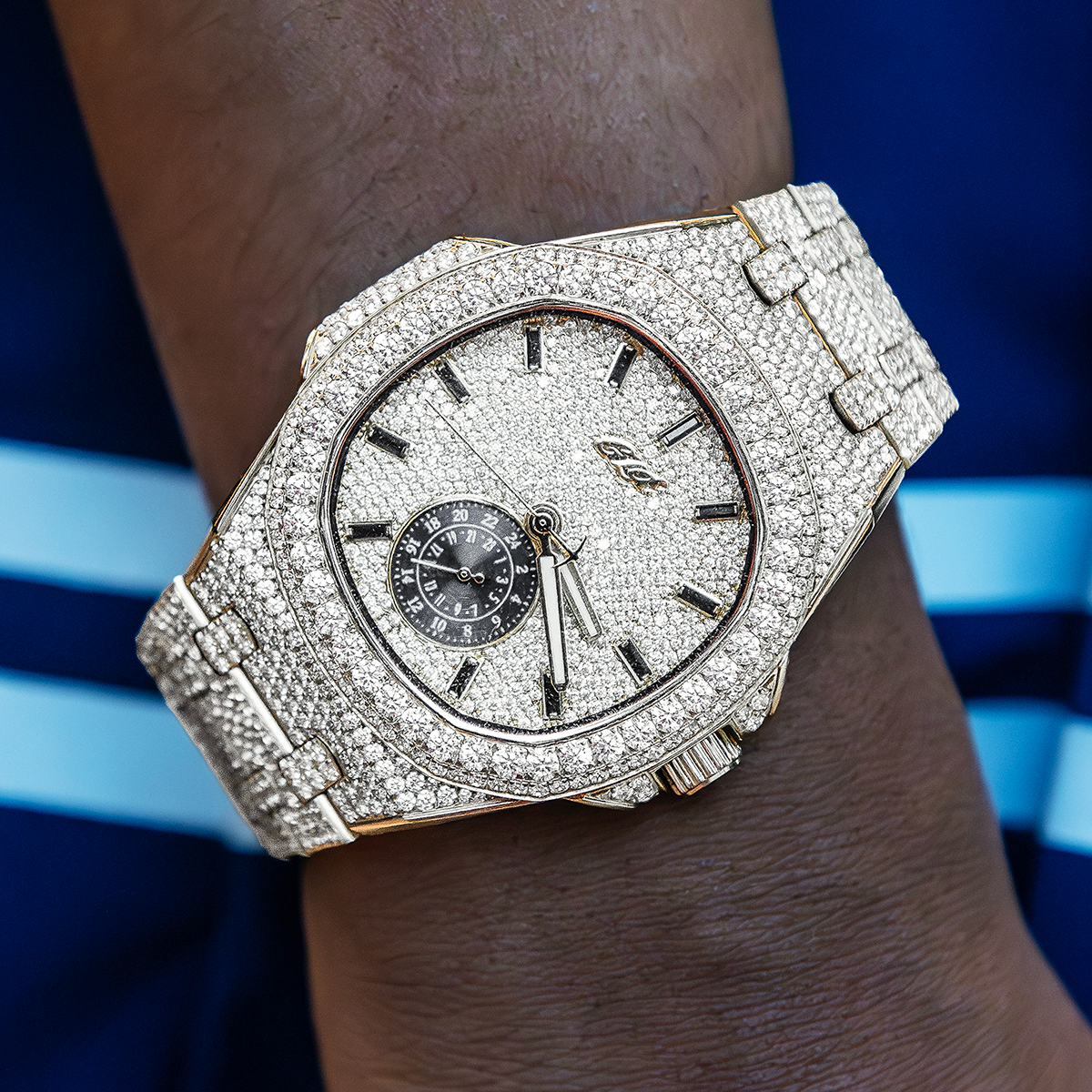 39MM Visionary Fully Iced Case & Steel Band Watch - Yellow Gold