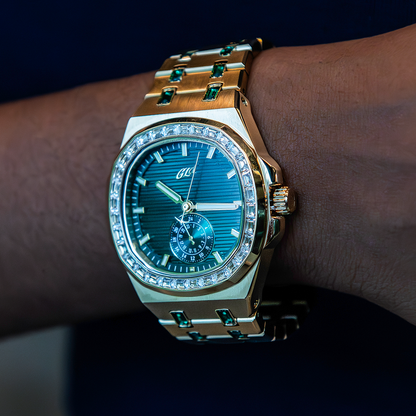 39MM Visionary Iced Emerald Stone Band Watch - Yellow Gold