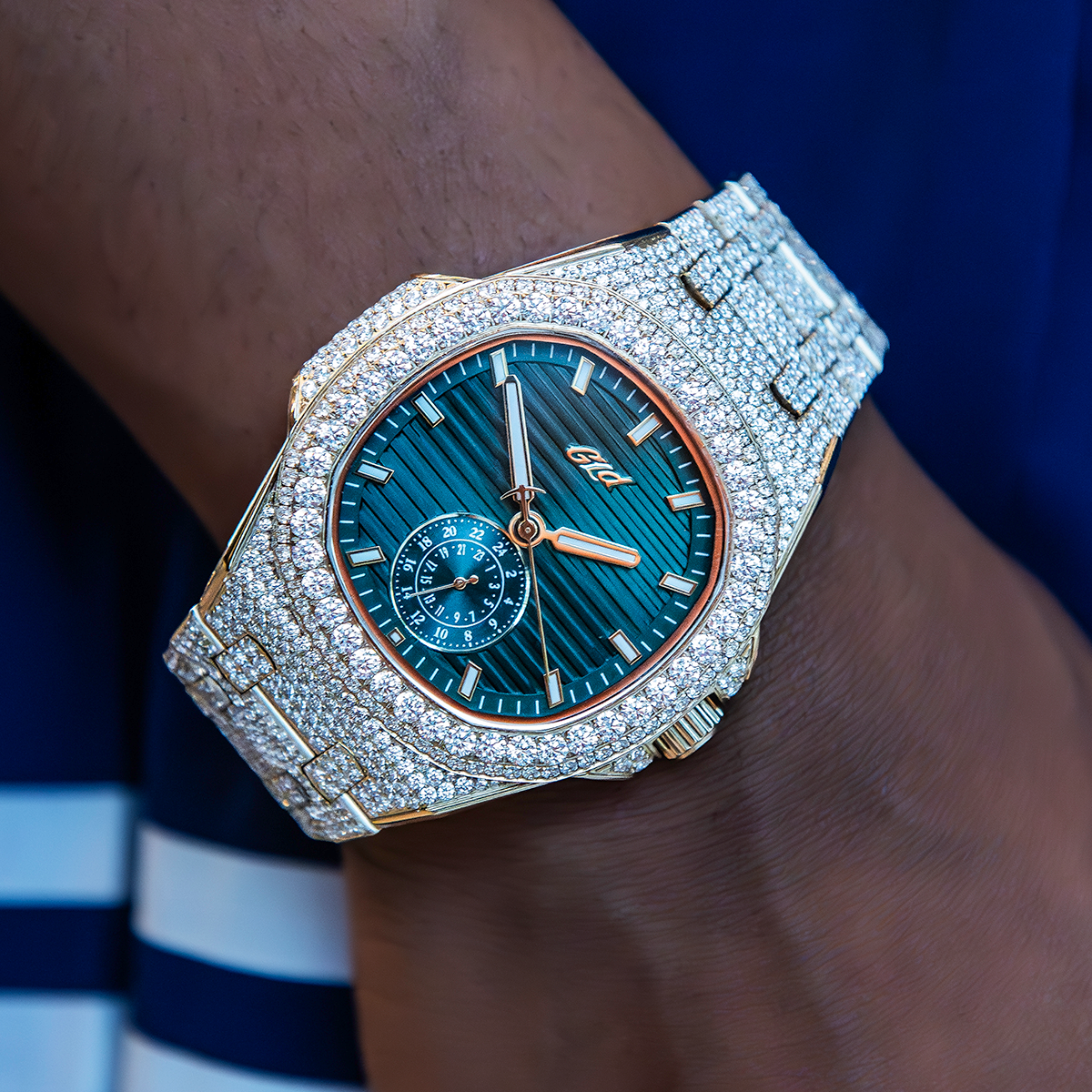39MM Visionary Fully Iced Case & Green Dial Watch - Rose Gold