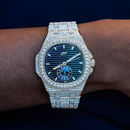 39MM Visionary Fully Iced Case & Black Dial Watch - Yellow Gold