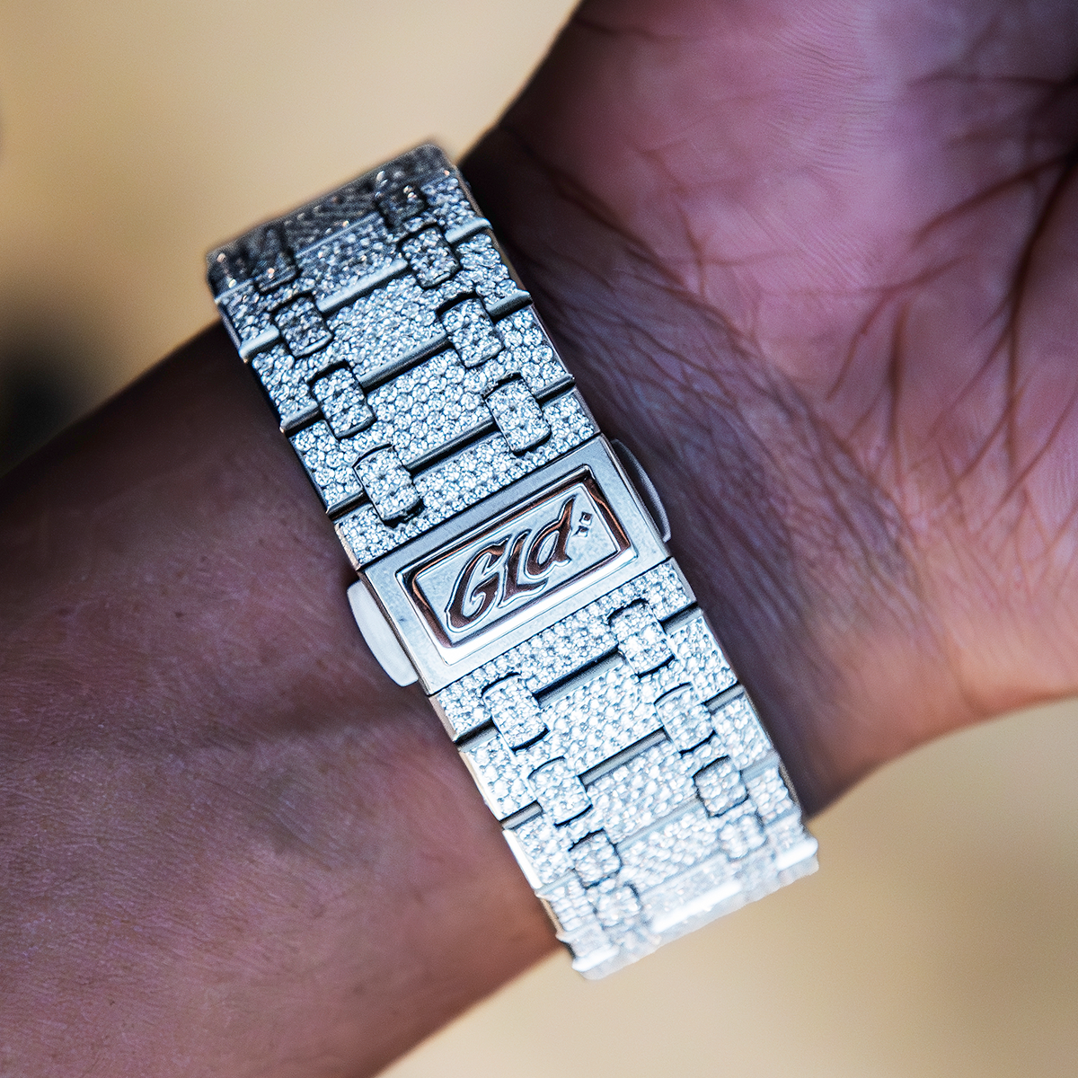 39MM Visionary Fully Iced Case & Steel Band Watch - White Gold