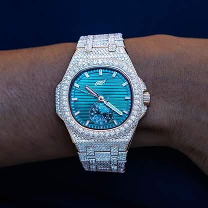 39MM Visionary Fully Iced Case & Green Dial Watch - Yellow Gold