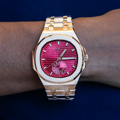 39MM Visionary Plain Case & Red Dial Watch - Rose Gold