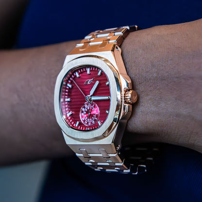 39MM Visionary Plain Case & Red Dial Watch - Rose Gold
