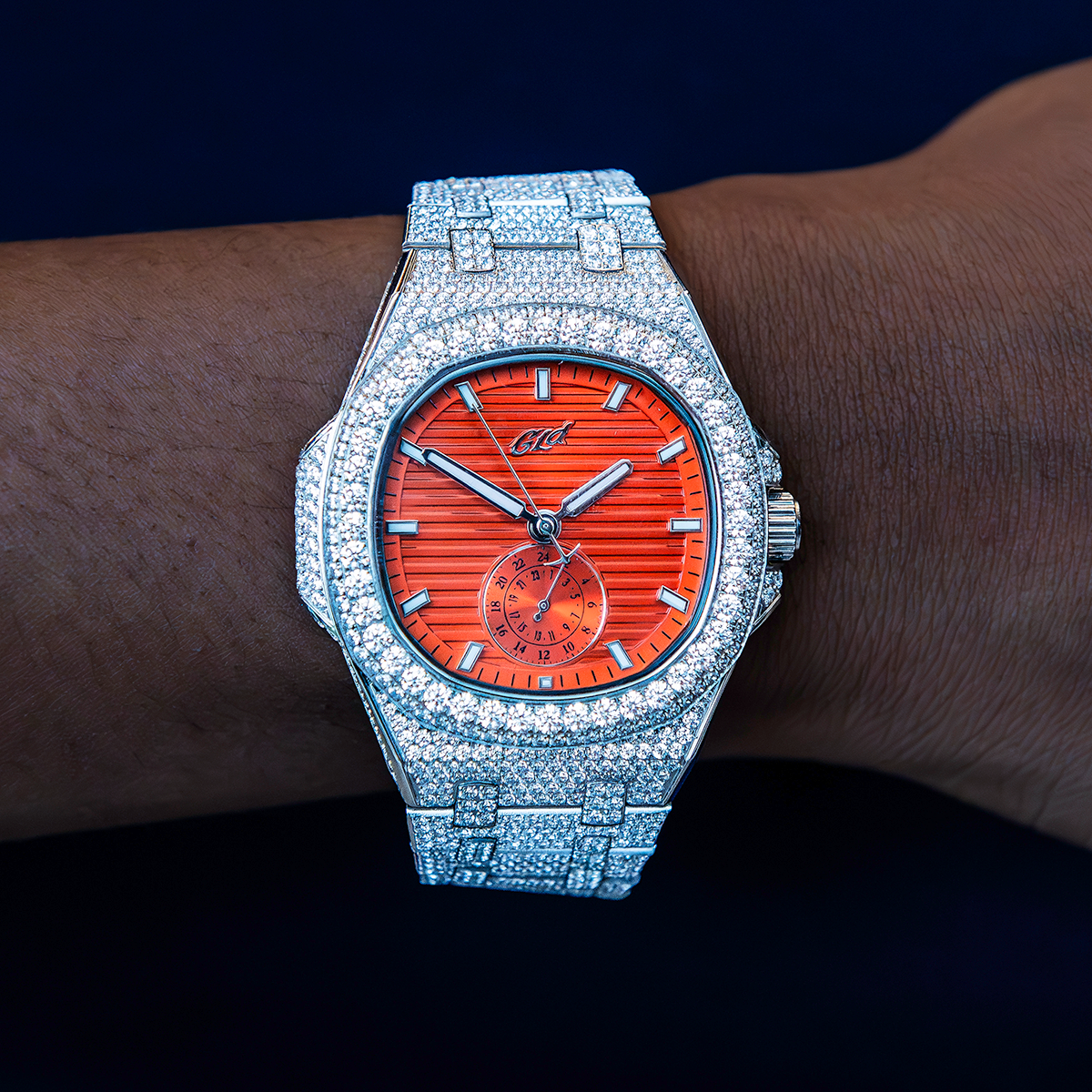 39MM Visionary Fully Iced Case & Orange Dial Watch - White Gold