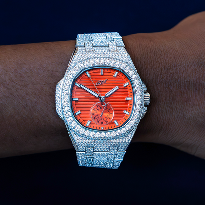 39MM Visionary Fully Iced Case & Orange Dial Watch - White Gold