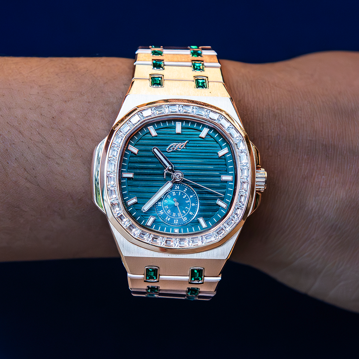 39MM Visionary Iced Emerald Stone Steel Band Watch - Rose Gold