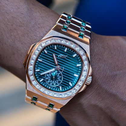 39MM Visionary Iced Emerald Stone Steel Band Watch - Rose Gold